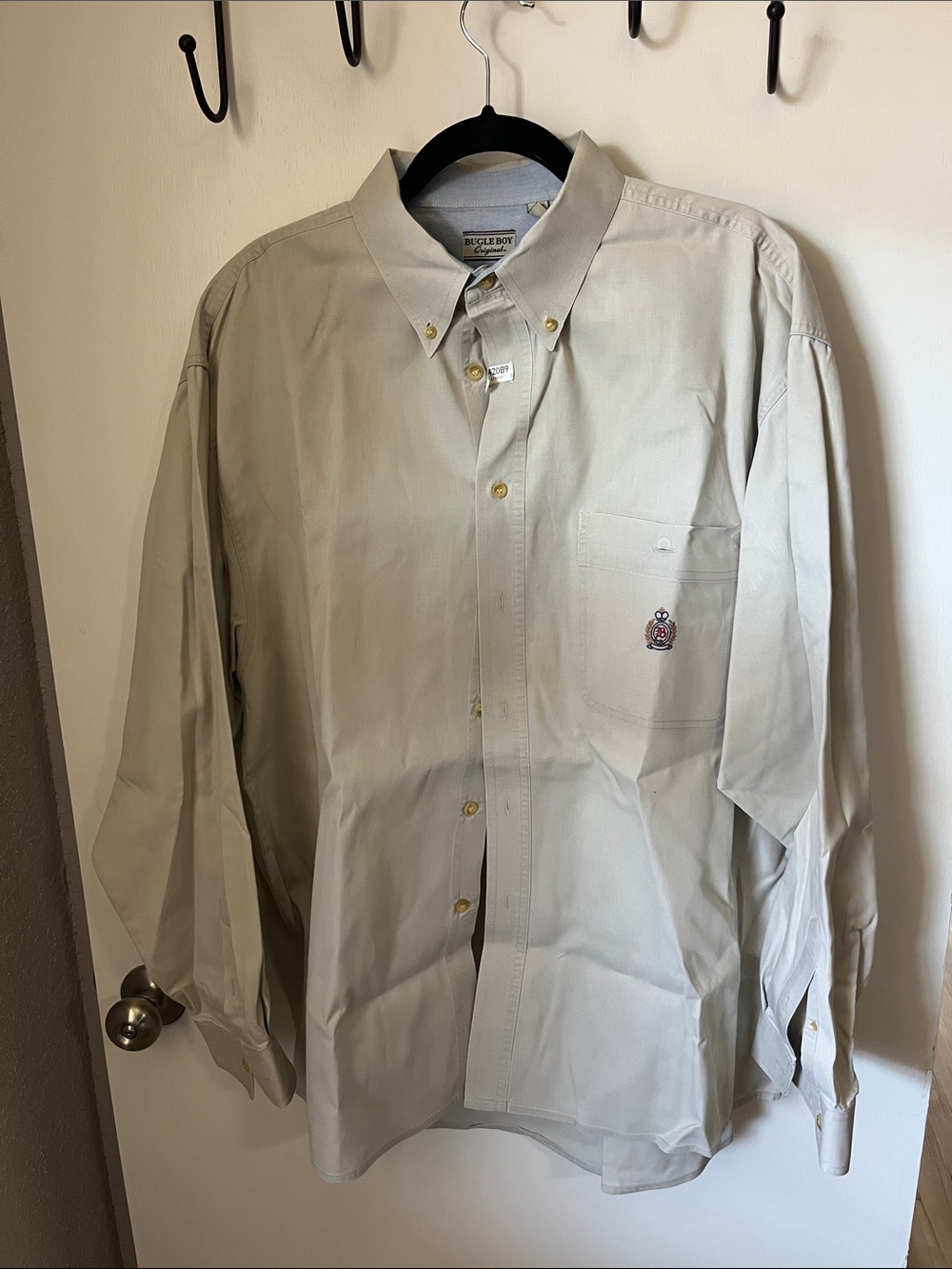 Bugle Boy Men’s Light Beige Button-Down Shirt with Embroidered Crest